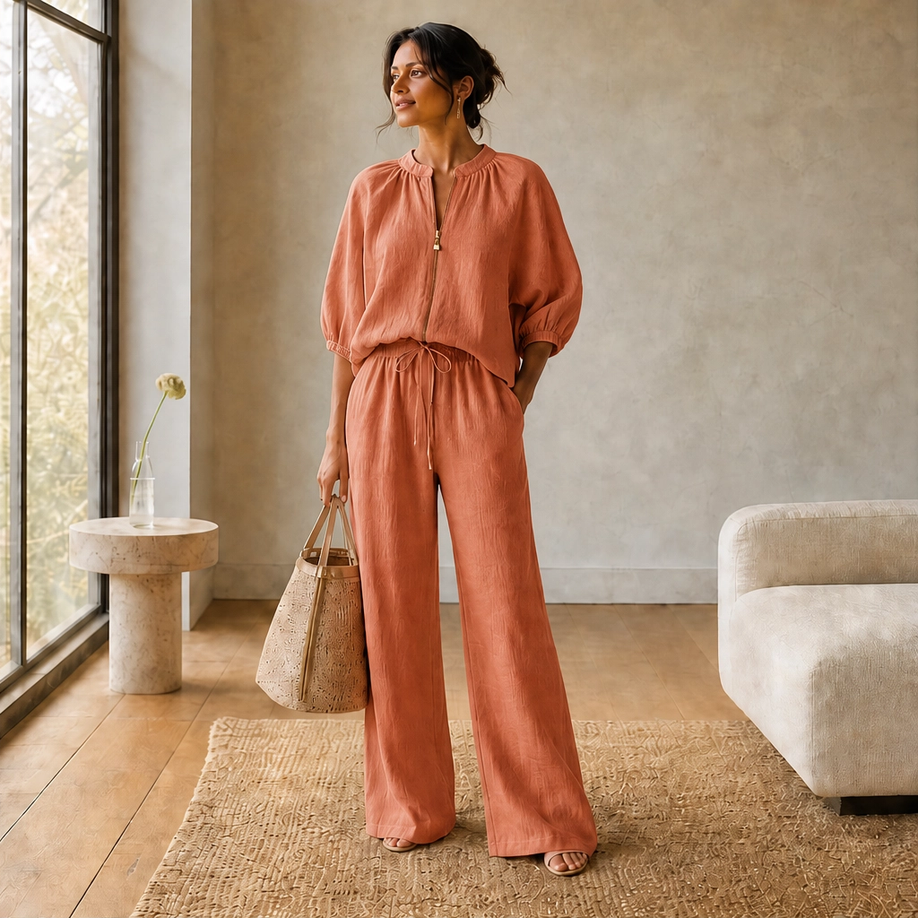 Linfold™ – Drape-Soft 2-Piece Set with Gold Zip &amp; Wide-Leg Pants + 50% OFF