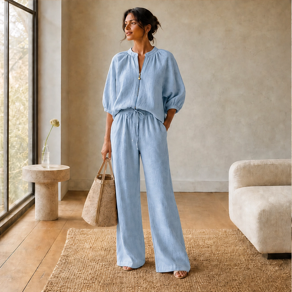 Linfold™ – Drape-Soft 2-Piece Set with Gold Zip &amp; Wide-Leg Pants + 50% OFF