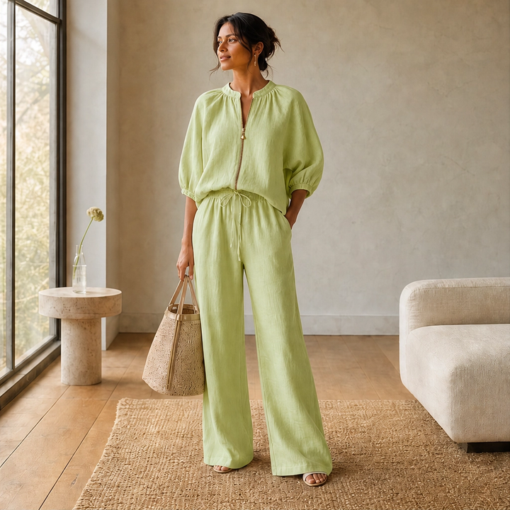 Linfold™ – Drape-Soft 2-Piece Set with Gold Zip &amp; Wide-Leg Pants + 50% OFF