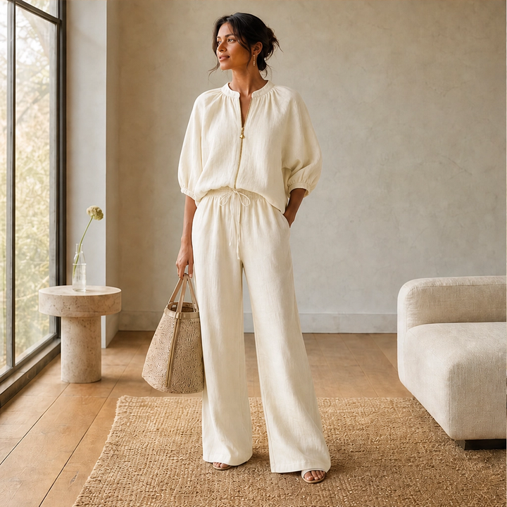 Linfold™ – Drape-Soft 2-Piece Set with Gold Zip &amp; Wide-Leg Pants + 50% OFF