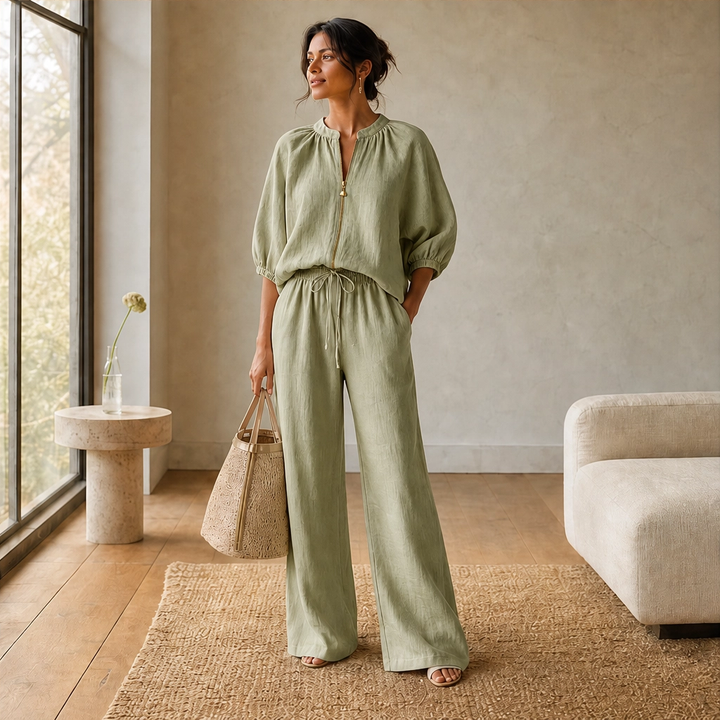 Linfold™ – Drape-Soft 2-Piece Set with Gold Zip &amp; Wide-Leg Pants + 50% OFF