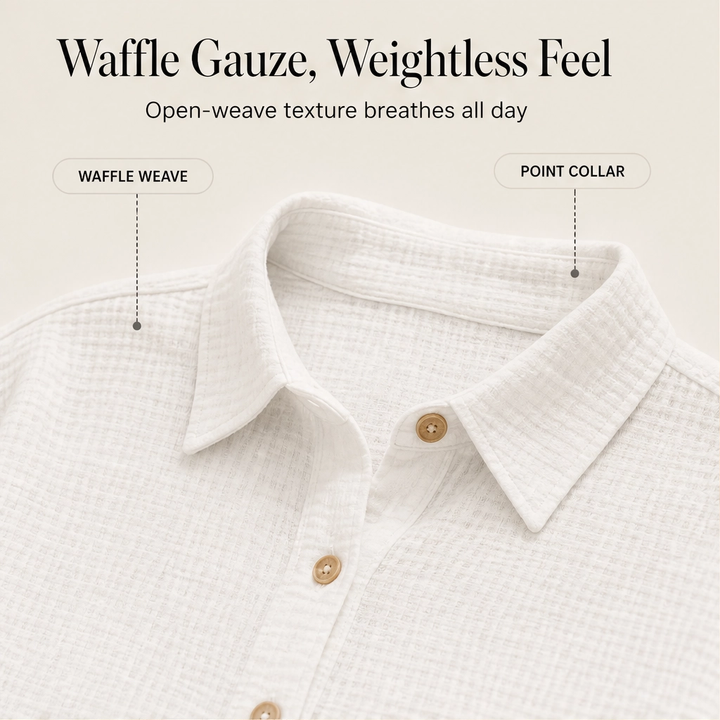 Saltaire™ – Textured Gauze Button-Up Shirt &amp; High-Waisted Shorts 2-Piece Set + 50% OFF