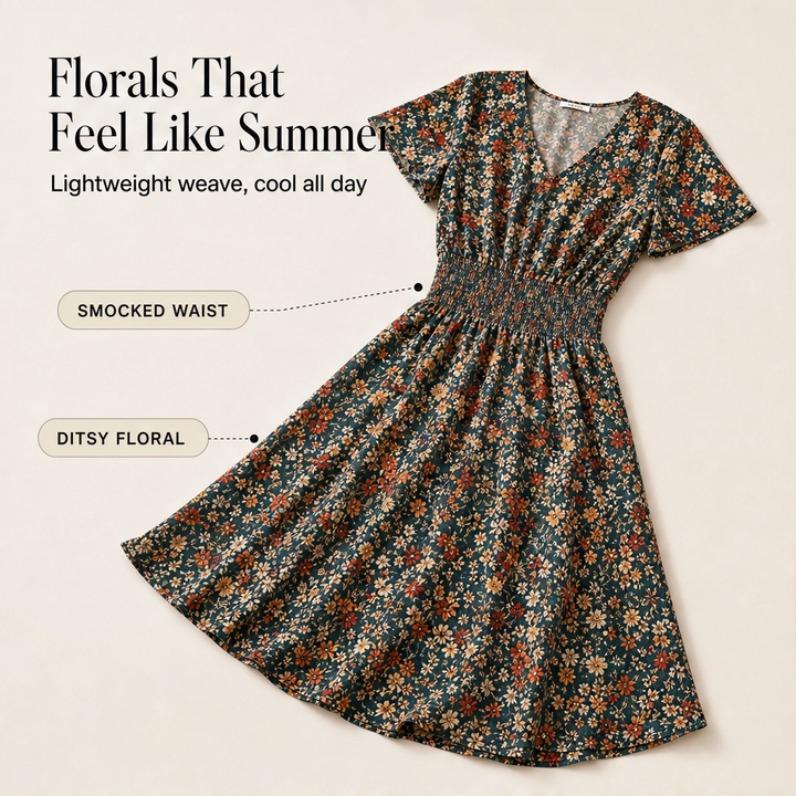 Linnet™ – Lined V-Neck Floral Empire-Waist Summer Dress + 50% OFF