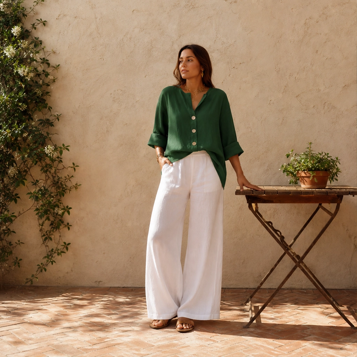 Linelle™ – Loose-Fit V-Neck Button-Down Blouse for Everyday &amp; Office + 50% OFF