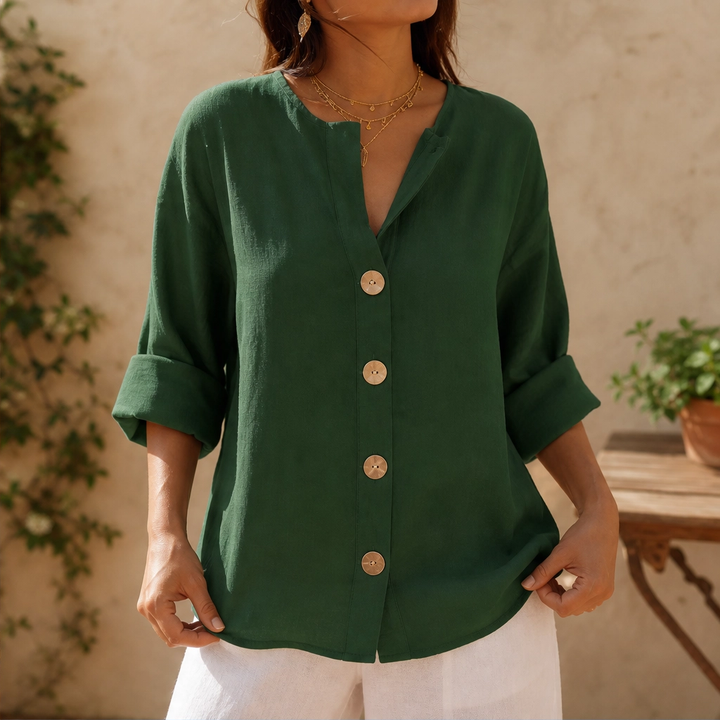 Linelle™ – Loose-Fit V-Neck Button-Down Blouse for Everyday &amp; Office + 50% OFF