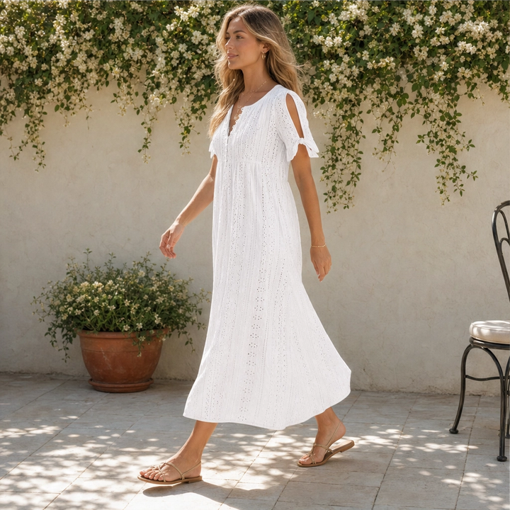 Willowbrae™ – Eyelet V-Neck Tied-Sleeve Midi Dress with Hidden Pockets + 50% OFF