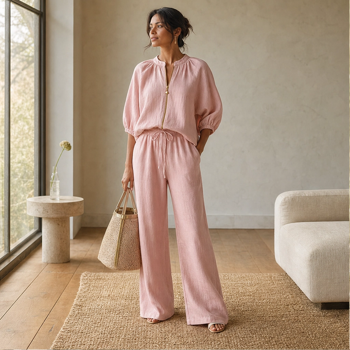Linfold™ – Drape-Soft 2-Piece Set with Gold Zip &amp; Wide-Leg Pants + 50% OFF