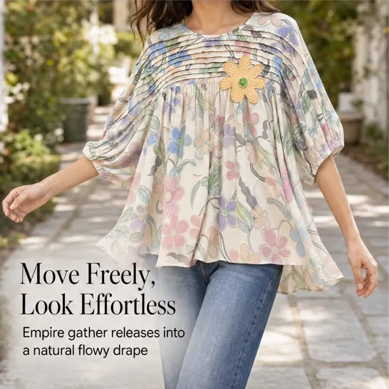 Meadowlark™ – Pleated Yoke Floral Puff-Sleeve Blouse + 50% OFF