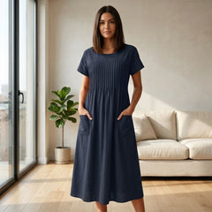 Linwell™ – Pleated Midi Dress with Pockets & Soft Drape Fit + 50% OFF