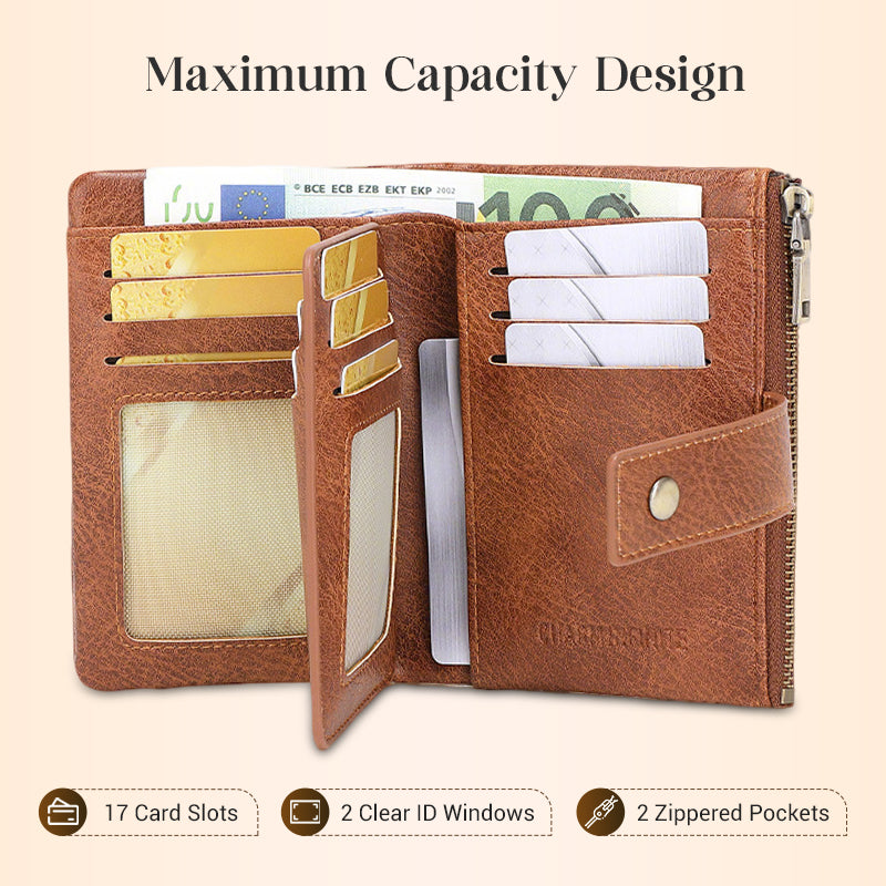 Mayfold™ – Slim RFID-Blocking Bifold Leather Wallet with Wristlet &amp; 17 Card Slots + 50% OFF