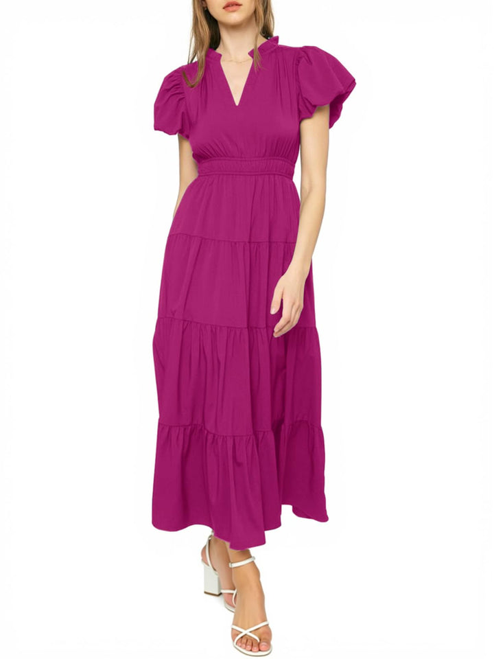 Lilavera™ – Puff Sleeve V-Neck Tiered Flowy Midi Dress + 50% OFF