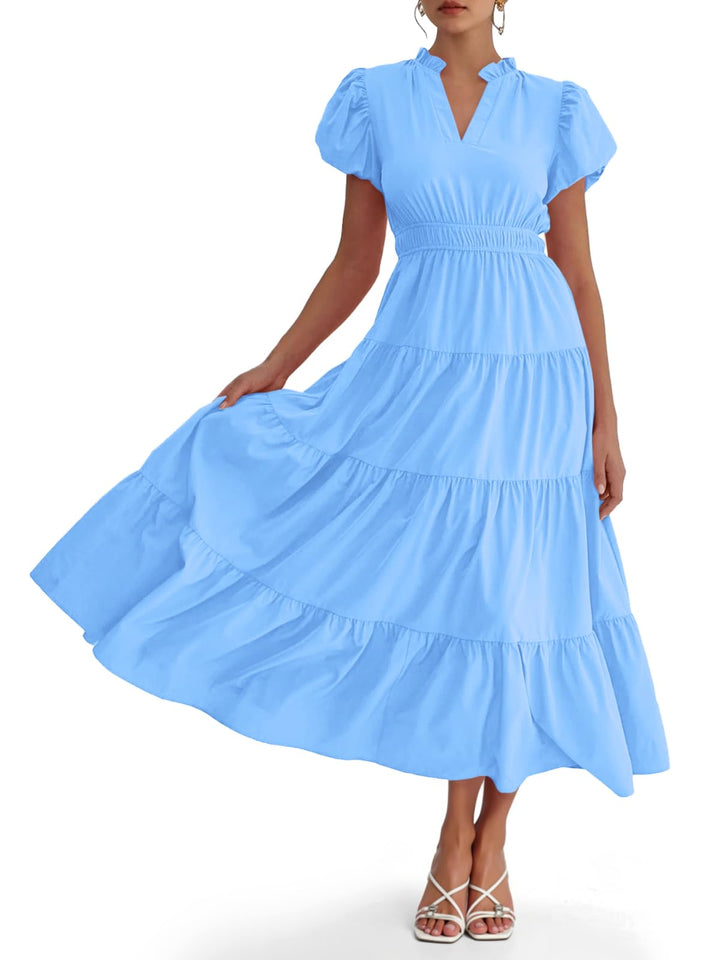 Lilavera™ – Puff Sleeve V-Neck Tiered Flowy Midi Dress + 50% OFF