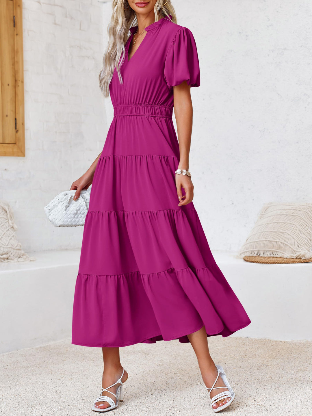 Lilavera™ – Puff Sleeve V-Neck Tiered Flowy Midi Dress + 50% OFF