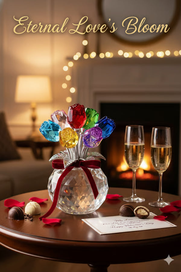 Petalune™ – Hand-Cut Crystal Rose Bouquet Figurine with Faceted Vase + 50% OFF