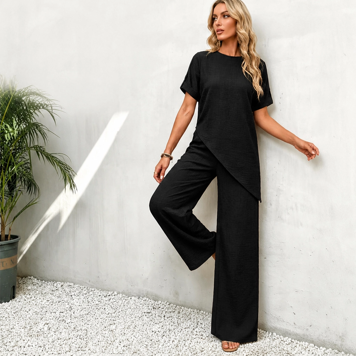 Driftelle™ – Asymmetrical Hem Top &amp; Wide-Leg Pants 2-Piece Lounge Set + 50% OFF