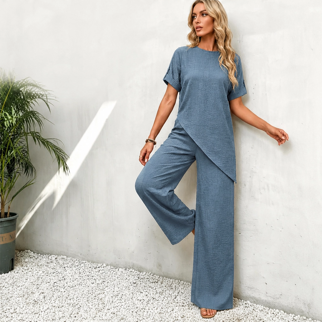 Driftelle™ – Asymmetrical Hem Top &amp; Wide-Leg Pants 2-Piece Lounge Set + 50% OFF