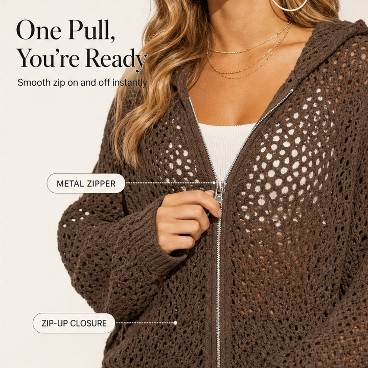 Driftknit™ – Crochet Hollow-Knit Hooded Double-Zip Cardigan Cover-Up + 50% OFF