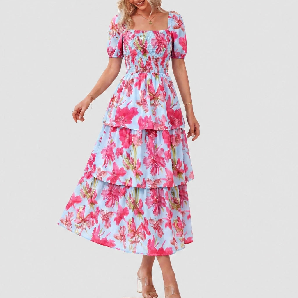 Fleurette™ – Smocked Square-Neck Puff Sleeve Tiered Floral Midi Dress + 50% OFF