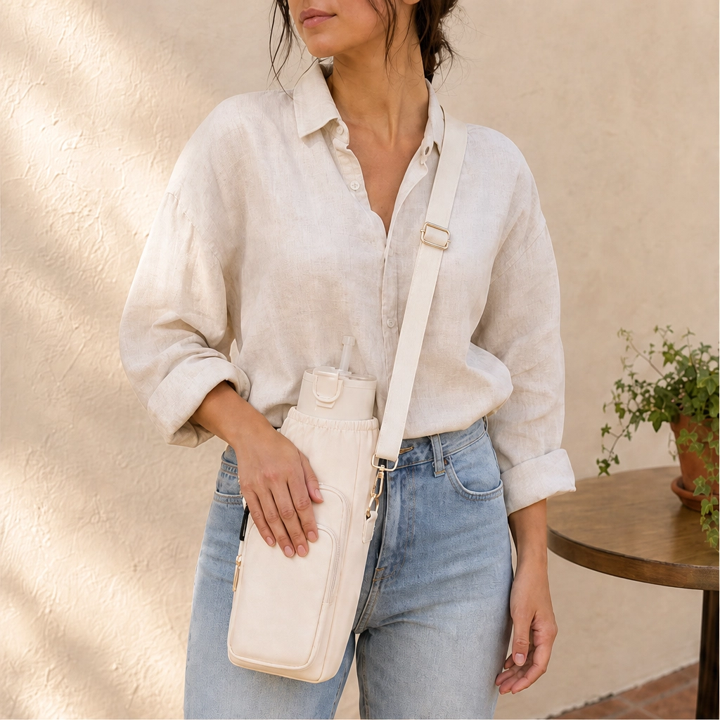 Voya™ – Insulated Crossbody Tumbler Carrier with Phone Pocket &amp; Adjustable Strap + 50% OFF