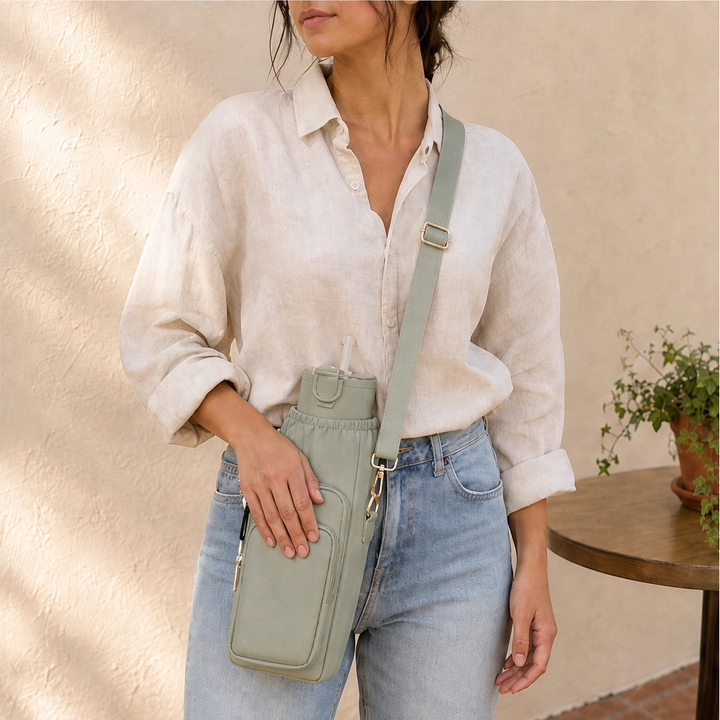 Voya™ – Insulated Crossbody Tumbler Carrier with Phone Pocket &amp; Adjustable Strap + 50% OFF