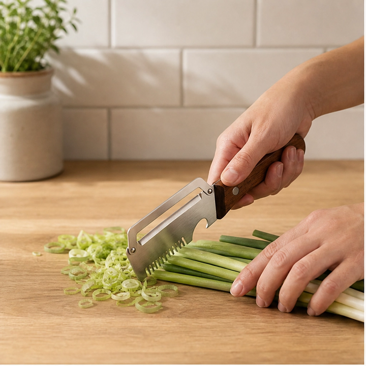 Hearthen™ – 3-in-1 Stainless Steel Scallion Shredder, Peeler &amp; Bottle Opener with Wood Handle + 50% OFF