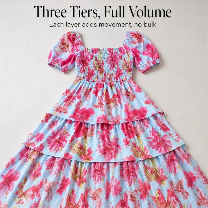 Fleurette™ – Smocked Square-Neck Puff Sleeve Tiered Floral Midi Dress + 50% OFF