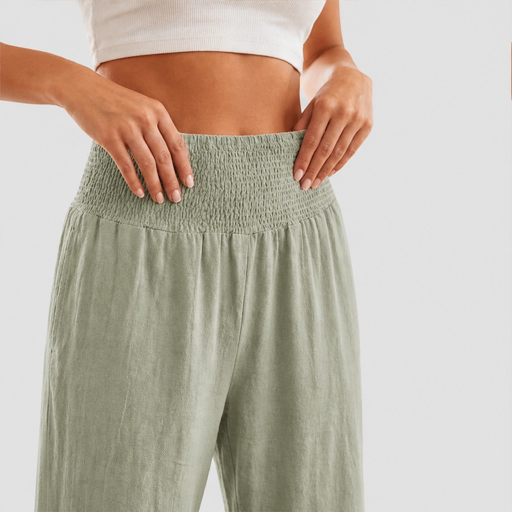 Willowhem™ – Smocked High-Waist Cotton Linen Wide-Leg Ruffle Lounge Pants + 50% OFF