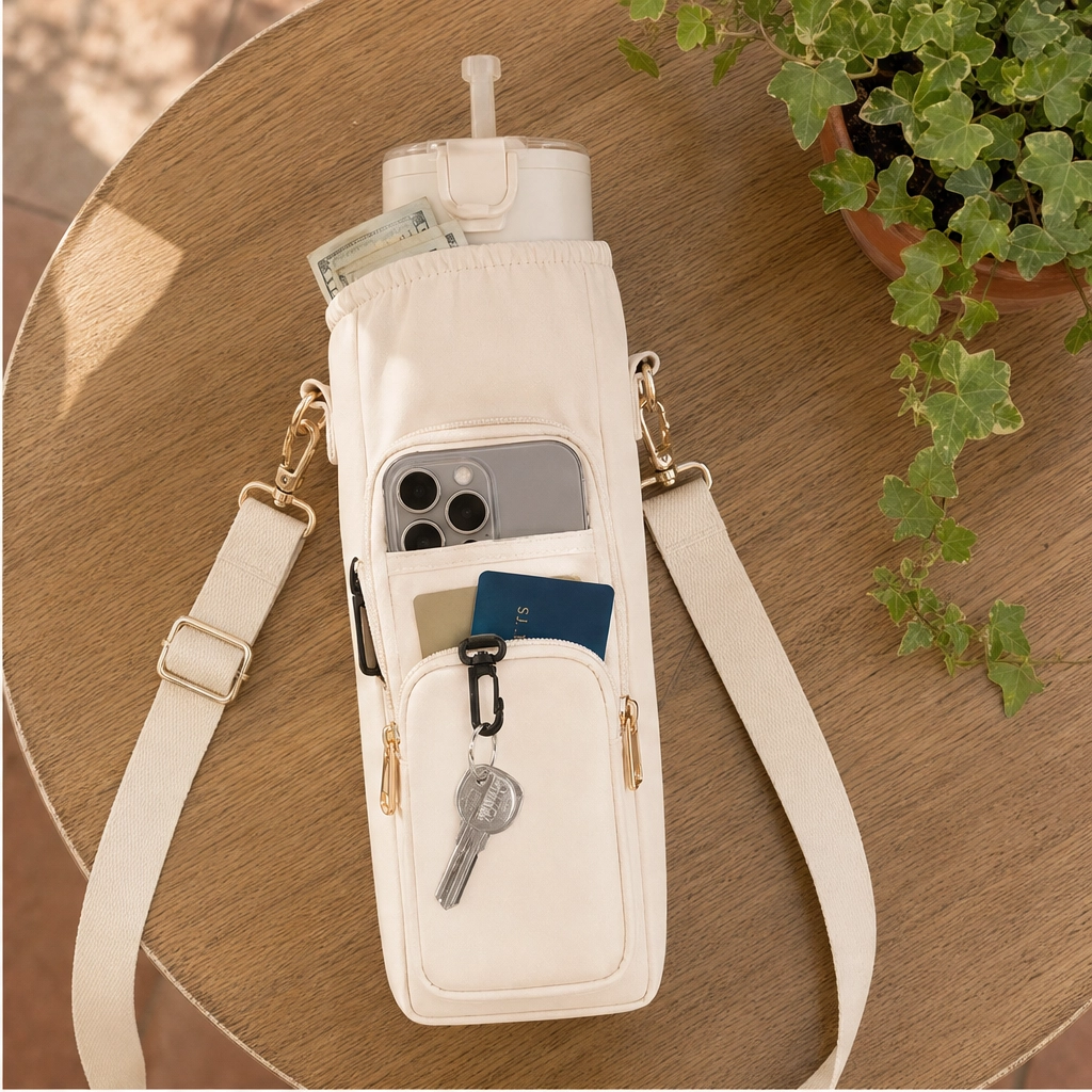 Voya™ – Insulated Crossbody Tumbler Carrier with Phone Pocket &amp; Adjustable Strap + 50% OFF