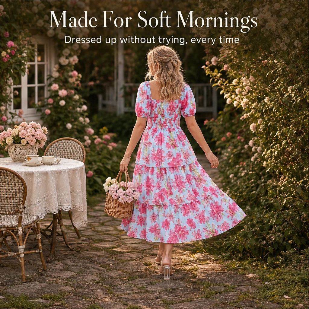 Fleurette™ – Smocked Square-Neck Puff Sleeve Tiered Floral Midi Dress + 50% OFF