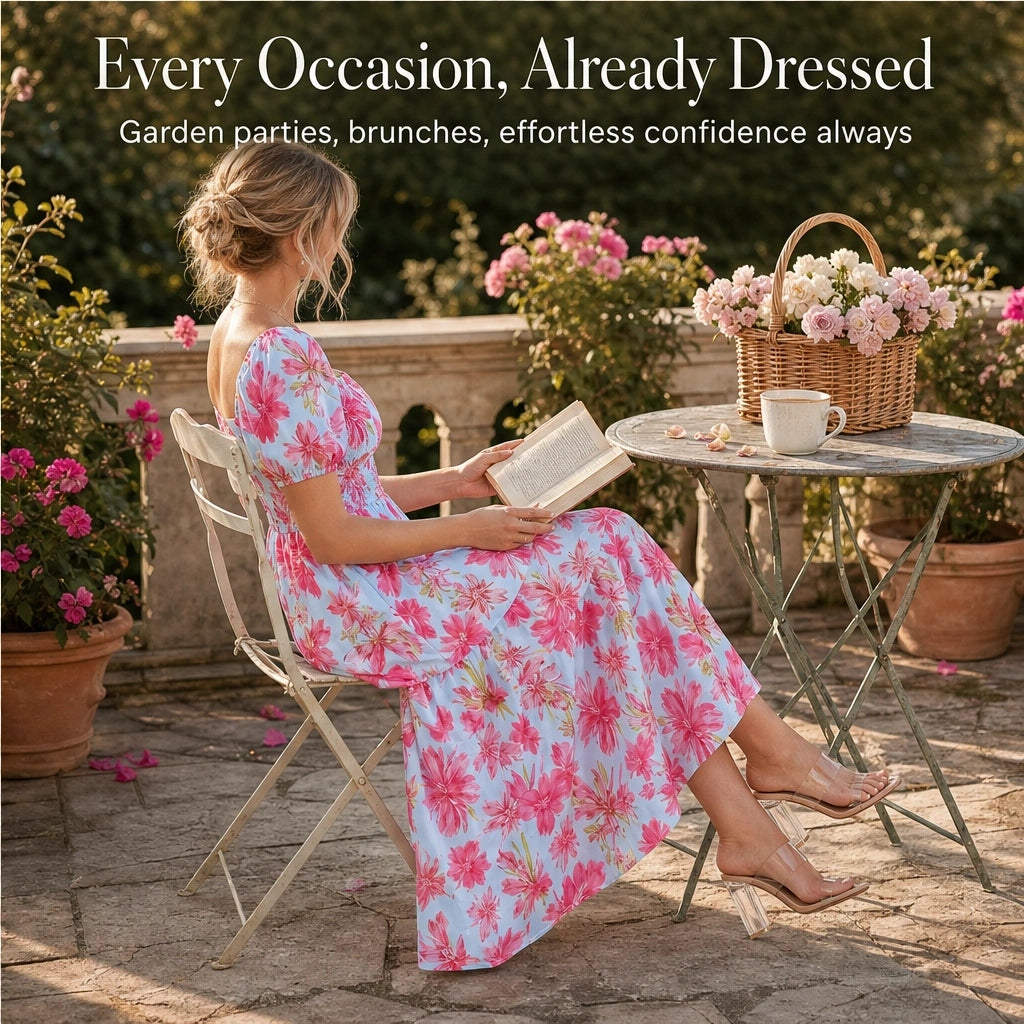 Fleurette™ – Smocked Square-Neck Puff Sleeve Tiered Floral Midi Dress + 50% OFF