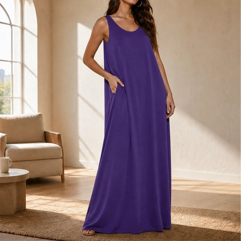 Driftbloom™ – Sleeveless A-Line Maxi Dress with Hidden Pockets + 50% OFF
