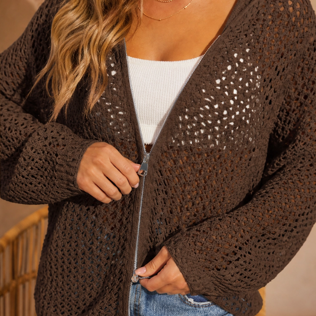 Driftknit™ – Crochet Hollow-Knit Hooded Double-Zip Cardigan Cover-Up + 50% OFF