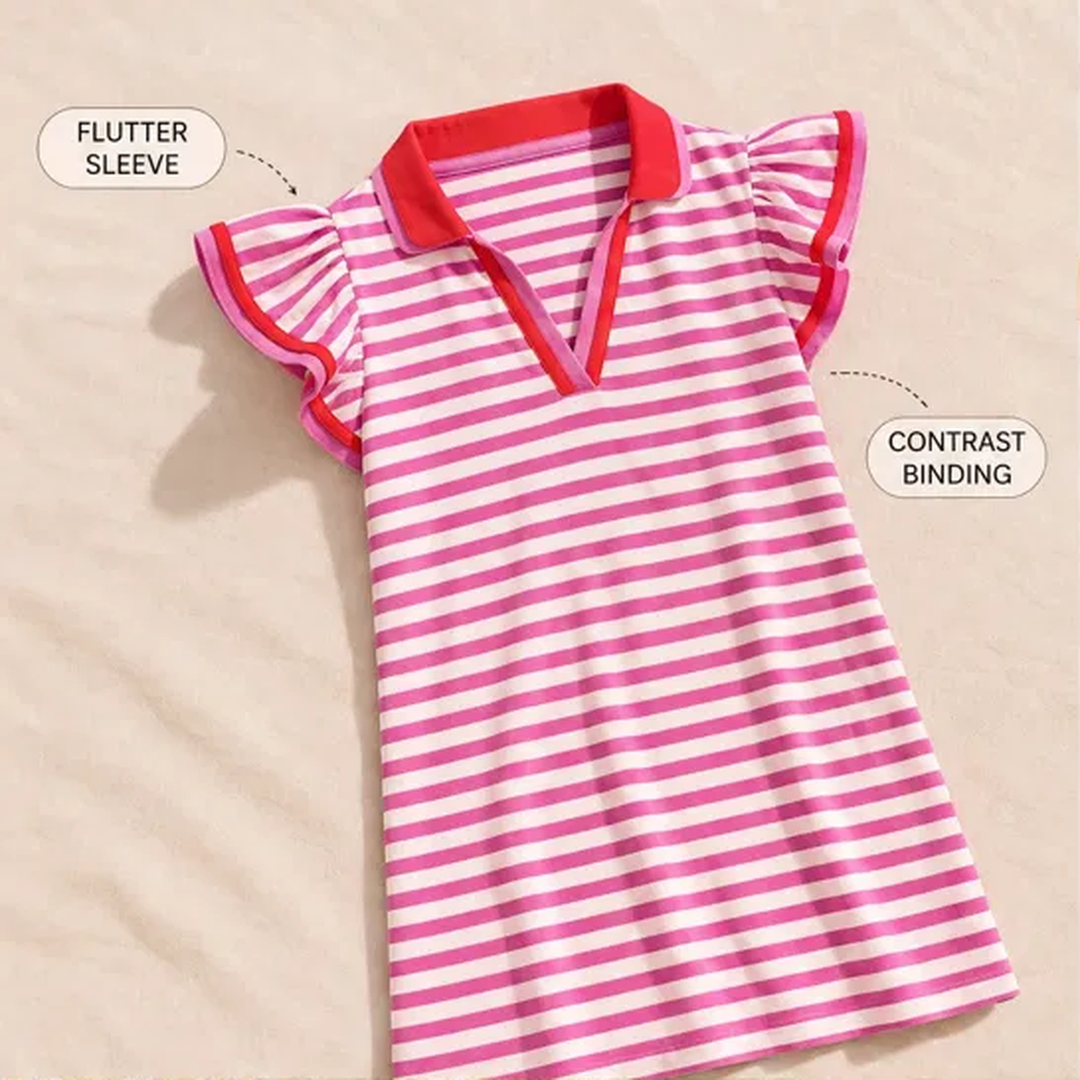 Regatta™ – Striped V-Neck Polo Mini Dress with Flutter Sleeves + 50% OFF