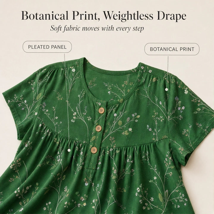 Briar™ – Floral Pleated Henley Tunic Top with Flowy Drape + 50% OFF