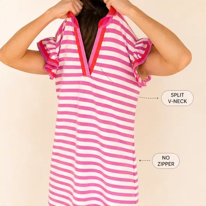 Regatta™ – Striped V-Neck Polo Mini Dress with Flutter Sleeves + 50% OFF