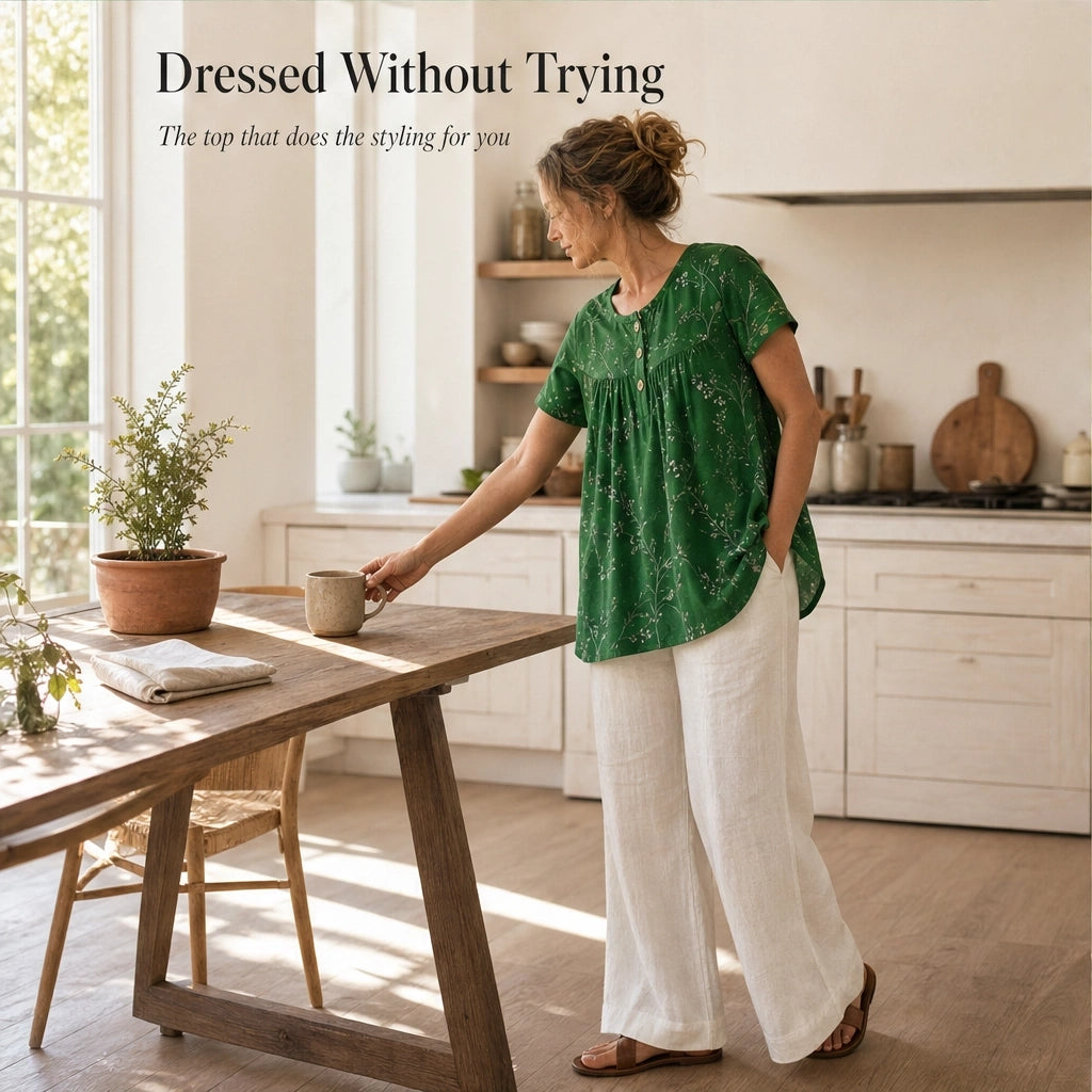 Briar™ – Floral Pleated Henley Tunic Top with Flowy Drape + 50% OFF