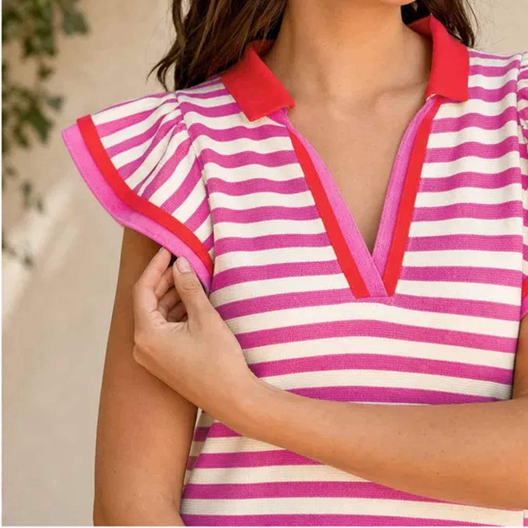 Regatta™ – Striped V-Neck Polo Mini Dress with Flutter Sleeves + 50% OFF