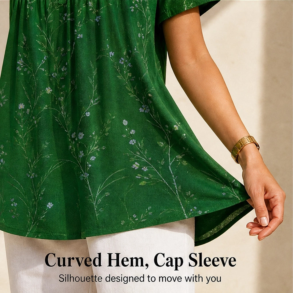 Briar™ – Floral Pleated Henley Tunic Top with Flowy Drape + 50% OFF