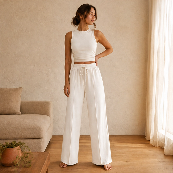 Soléne™ – Ribbed Knit Sleeveless Crop Top &amp; Wide-Leg Pants 2-Piece Set + 50% OFF