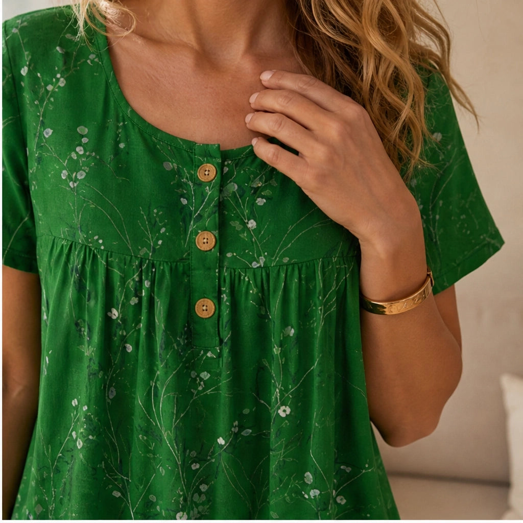 Briar™ – Floral Pleated Henley Tunic Top with Flowy Drape + 50% OFF