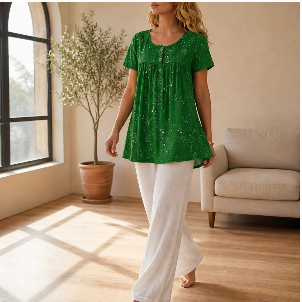 Briar™ – Floral Pleated Henley Tunic Top with Flowy Drape + 50% OFF