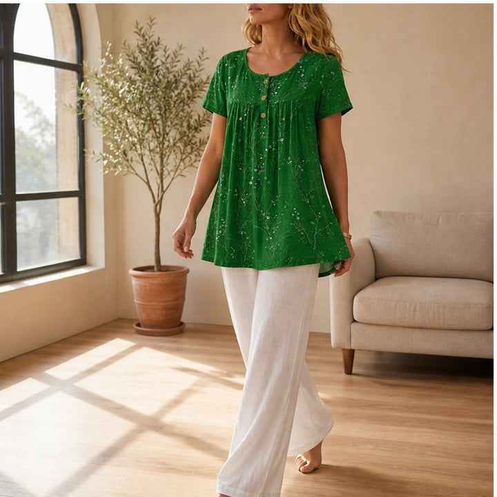 Briar™ – Floral Pleated Henley Tunic Top with Flowy Drape + 50% OFF