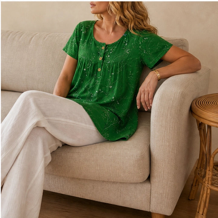 Briar™ – Floral Pleated Henley Tunic Top with Flowy Drape + 50% OFF