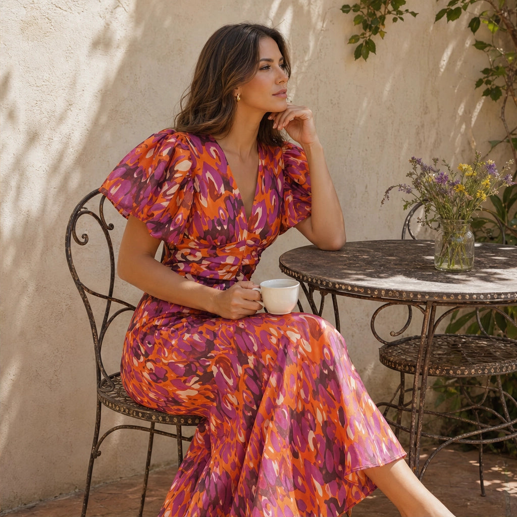 Solenne™ – Puff Sleeve V-Neck Ruched Waist Maxi Dress + 50% OFF