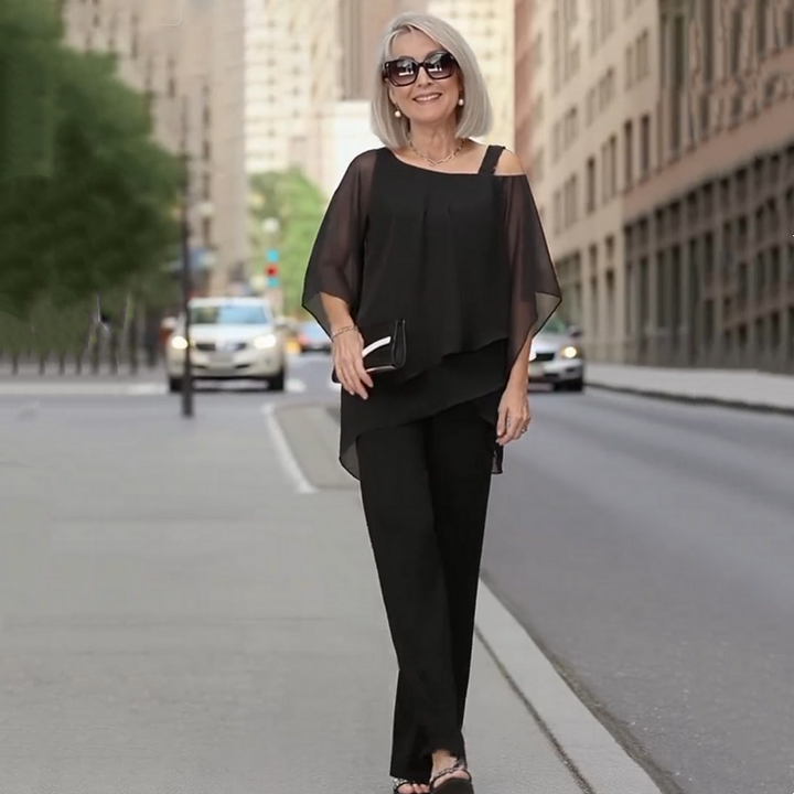 Soirella™ – Asymmetric Chiffon Overlay &amp; Wide-Leg Pant 2-Piece Set + 50% OFF