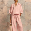 Maelin™ – Linen-Look Zip-Front Puff Sleeve Wide-Leg 2-Piece Set + 50% OFF