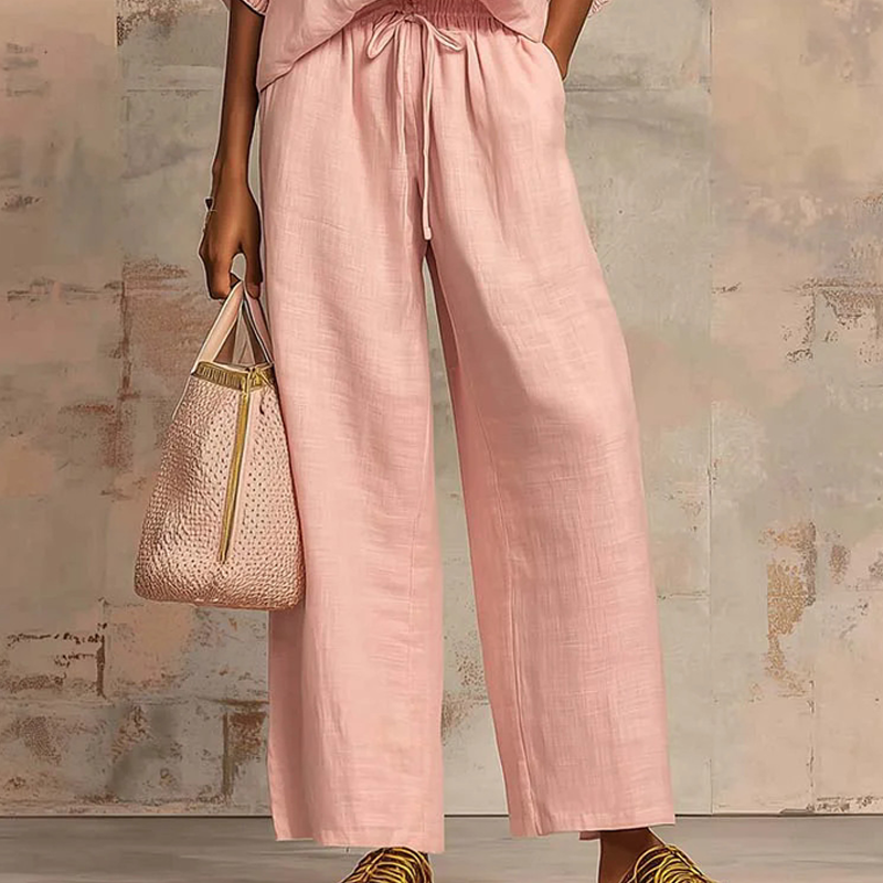 Maelin™ – Linen-Look Zip-Front Puff Sleeve Wide-Leg 2-Piece Set + 50% OFF