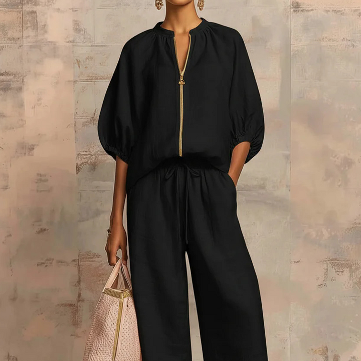 Maelin™ – Linen-Look Zip-Front Puff Sleeve Wide-Leg 2-Piece Set + 50% OFF