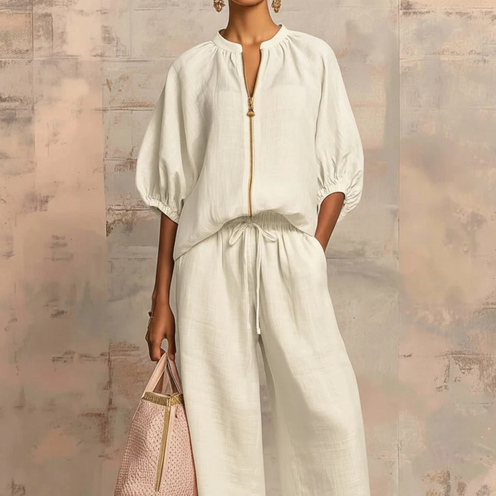 Maelin™ – Linen-Look Zip-Front Puff Sleeve Wide-Leg 2-Piece Set + 50% OFF